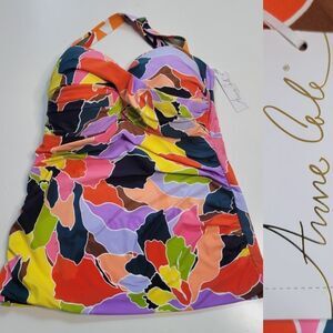 $90 NEW 16W ANNE COLE removeable halter tankini molded cups swimsuit top 16  NWT